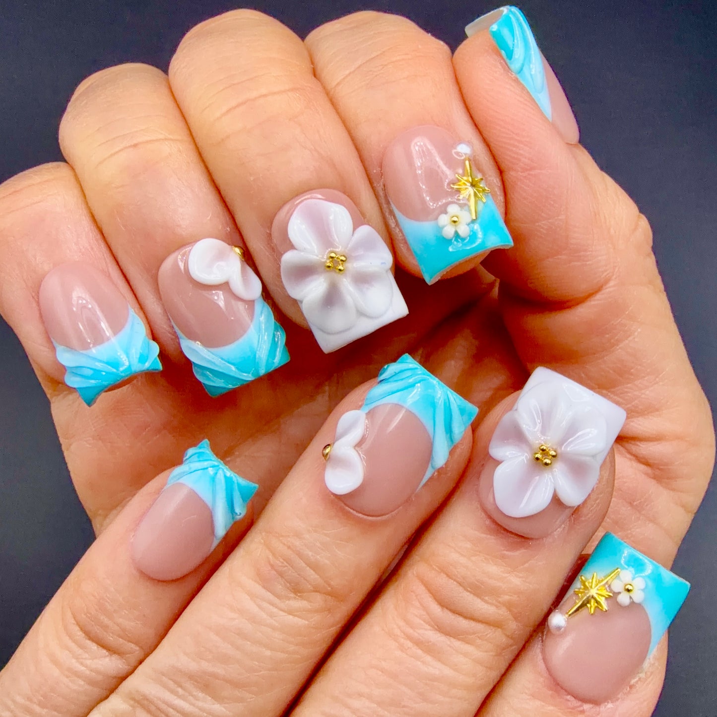Tropical Aqua 3D Flower French Tip Press-On Nails | Turquoise Square Nails