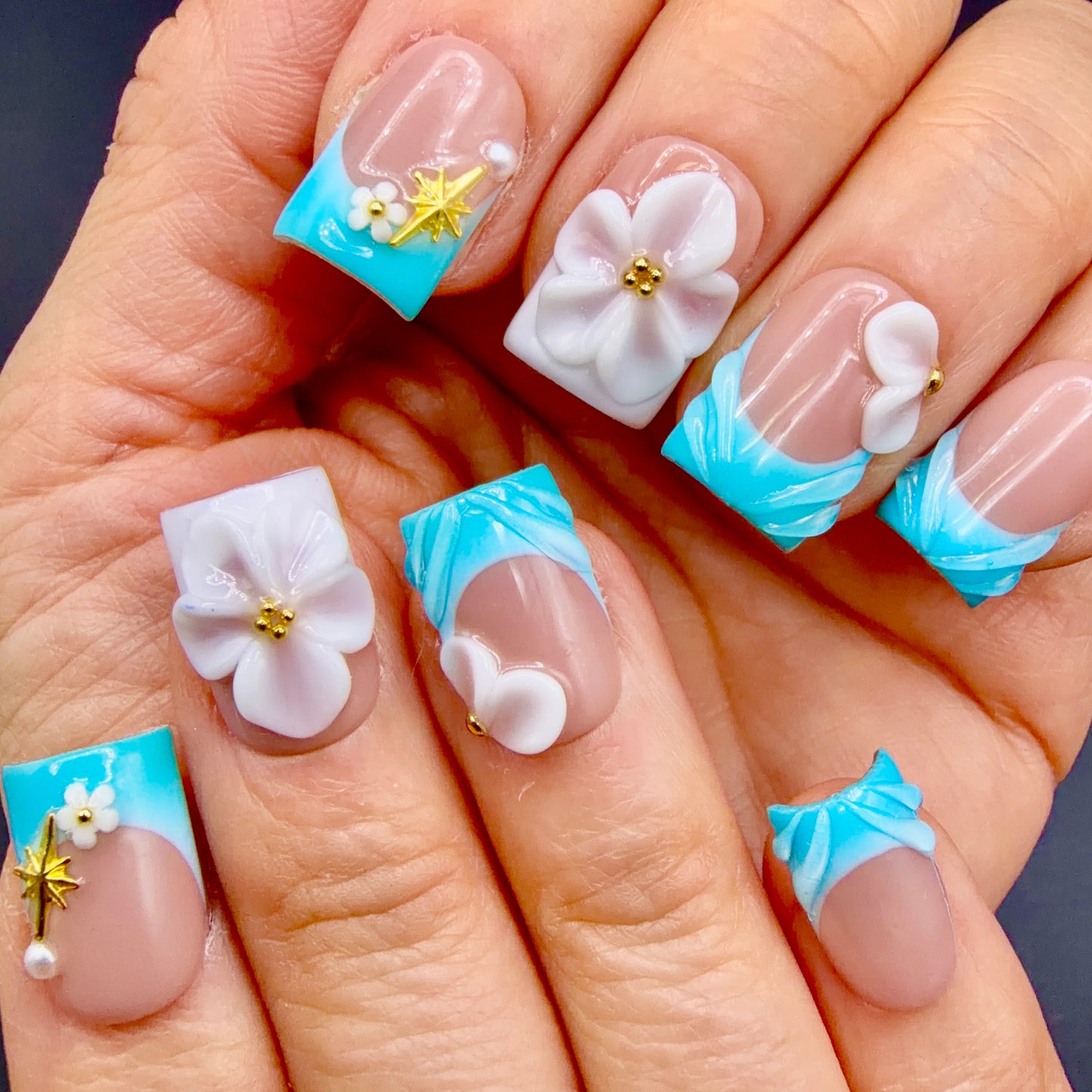 Tropical Aqua 3D Flower French Tip Press-On Nails | Turquoise Square Nails