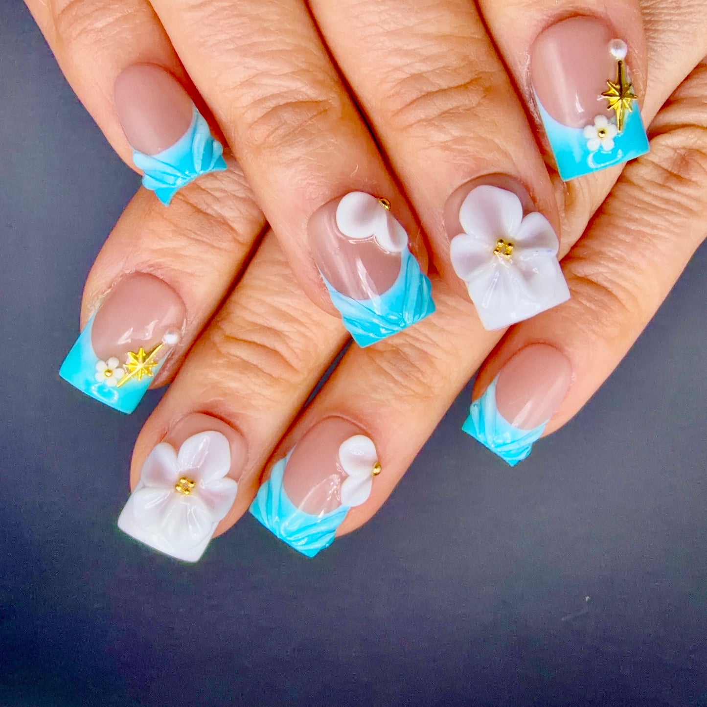 Tropical Aqua 3D Flower French Tip Press-On Nails | Turquoise Square Nails