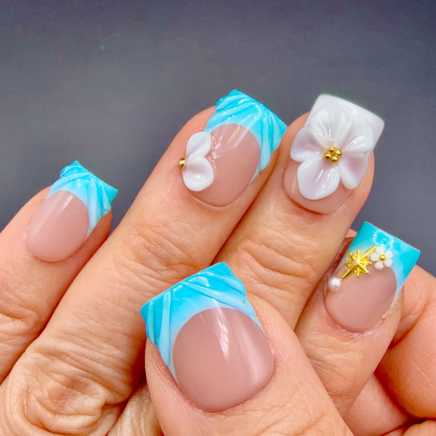 Tropical Aqua 3D Flower French Tip Press-On Nails | Turquoise Square Nails