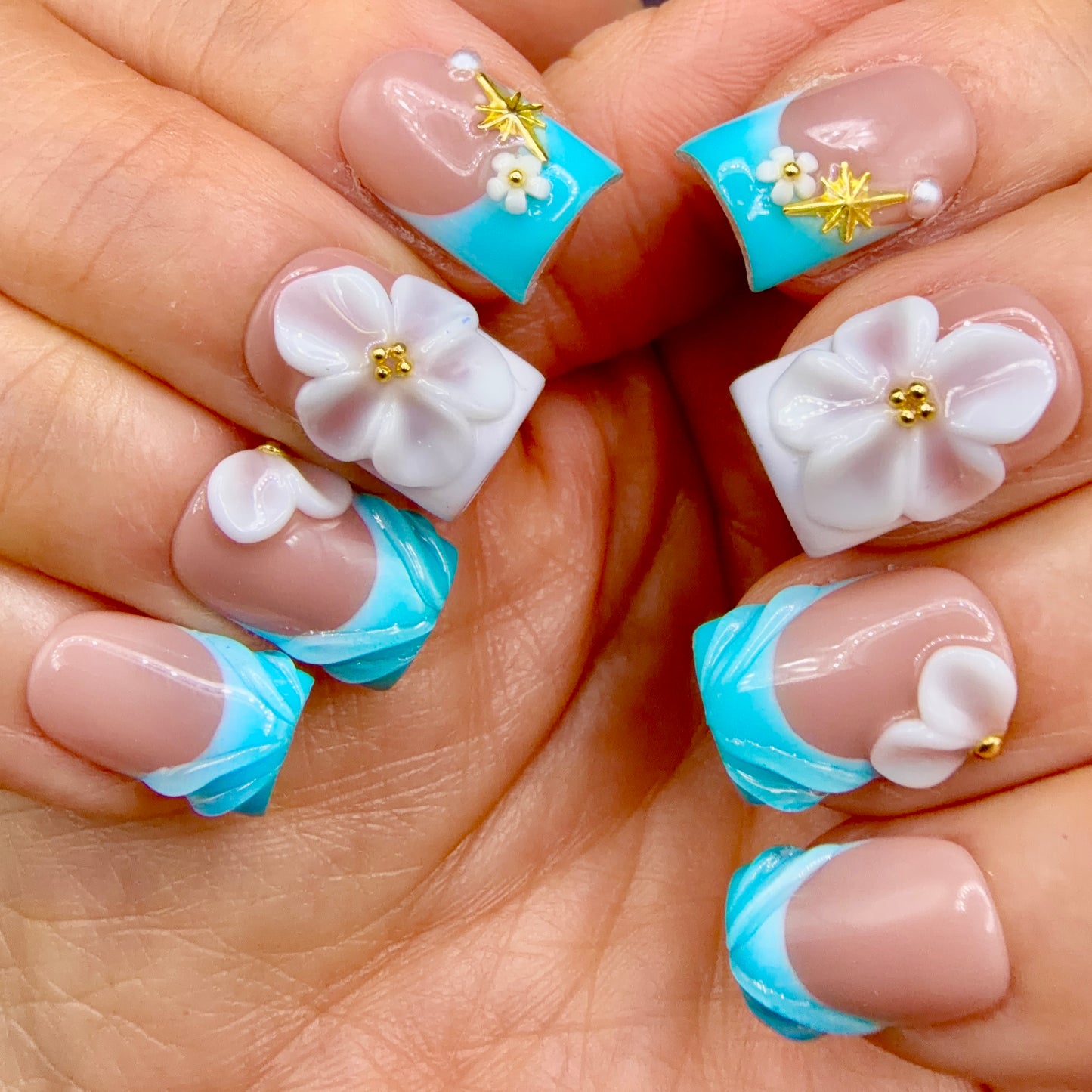 Tropical Aqua 3D Flower French Tip Press-On Nails | Turquoise Square Nails