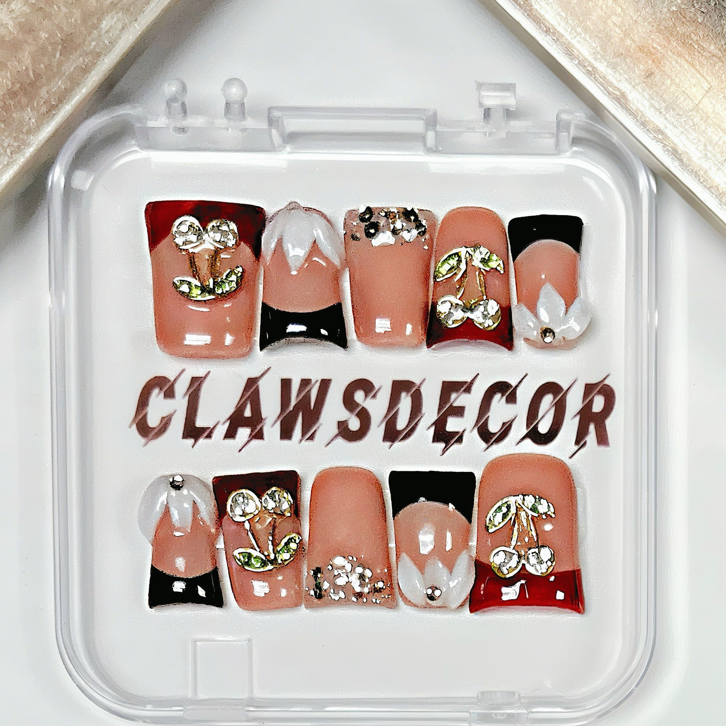 Cherry Glam Press-On Nails | Red & Black 3D Rhinestone Design