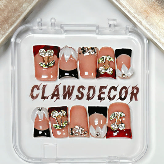 Cherry Glam Press-On Nails | Red & Black 3D Rhinestone Design