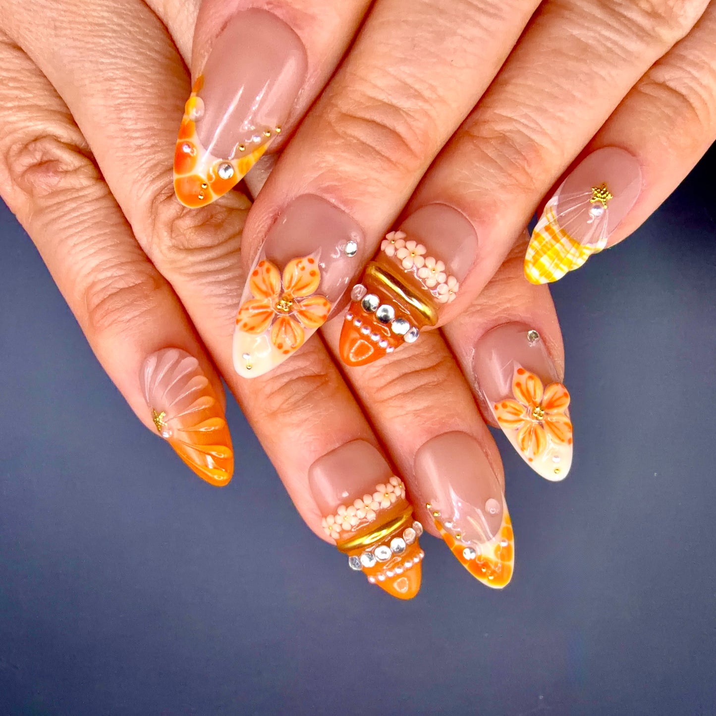 Orange Blossom 3D Floral Press-On Nails | Jeweled French Tip Nails