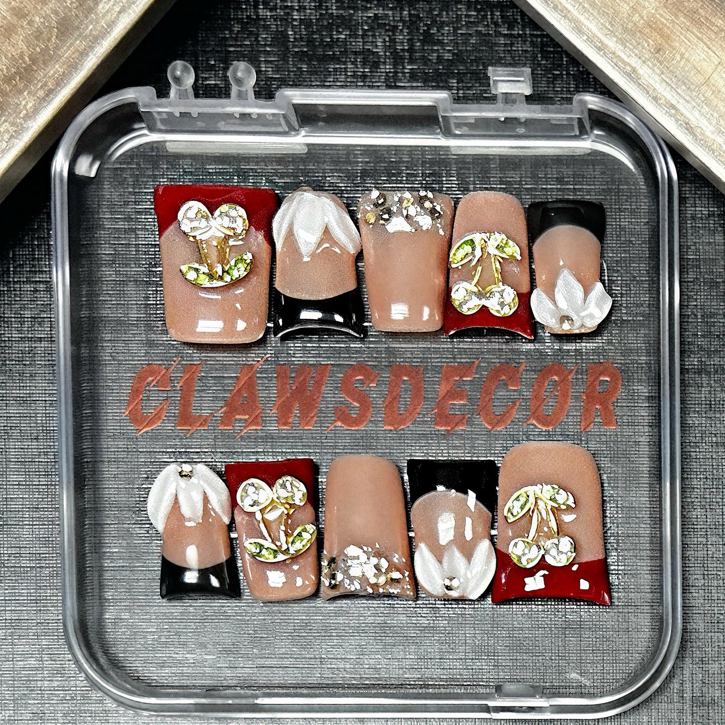 Cherry Glam Press-On Nails | Red & Black 3D Rhinestone Design