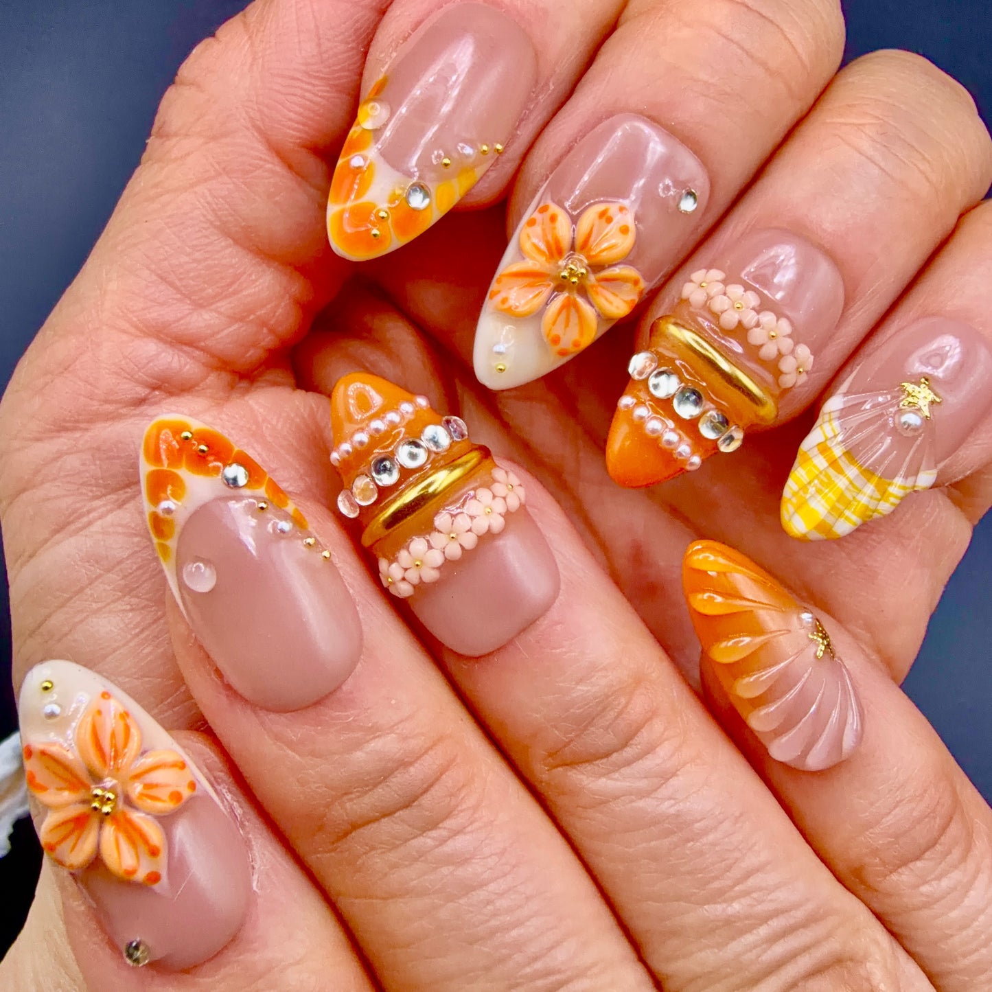 Orange Blossom 3D Floral Press-On Nails | Jeweled French Tip Nails