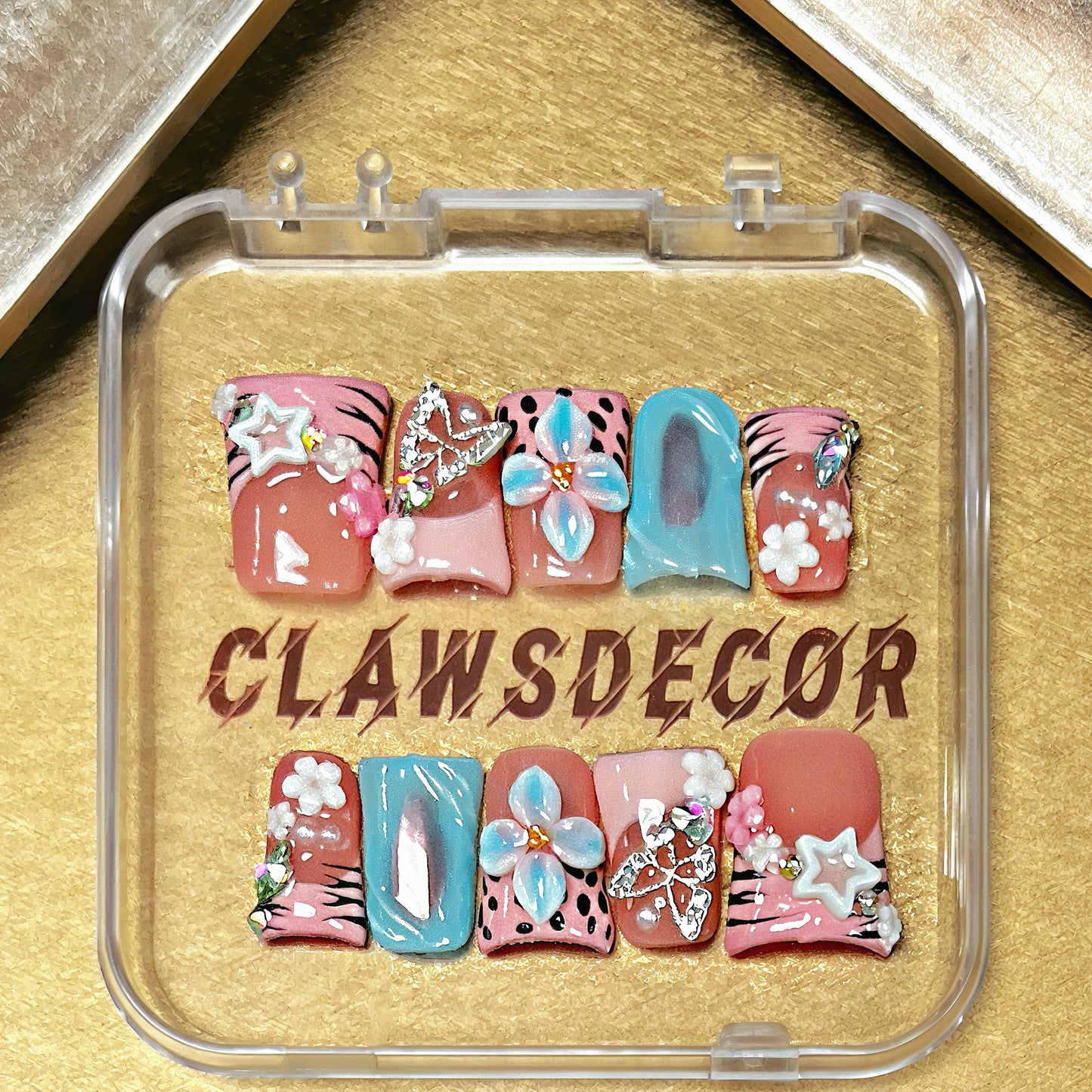 Pastel Blue & Pink Floral Press On Nails | 3D Flower Kawaii Nail Set | Crystal Rhinestone Cute Spring Nails | Handmade Luxury Press Ons