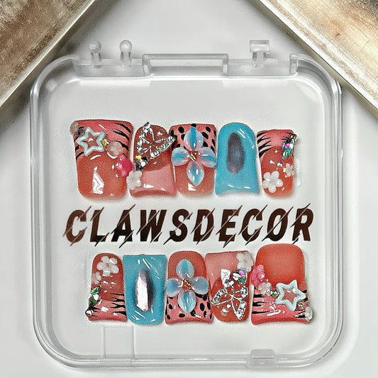 Pastel Blue & Pink Floral Press On Nails | 3D Flower Kawaii Nail Set | Crystal Rhinestone Cute Spring Nails | Handmade Luxury Press Ons