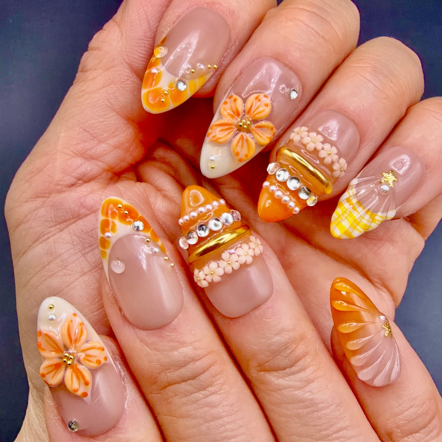 Orange Blossom 3D Floral Press-On Nails | Jeweled French Tip Nails