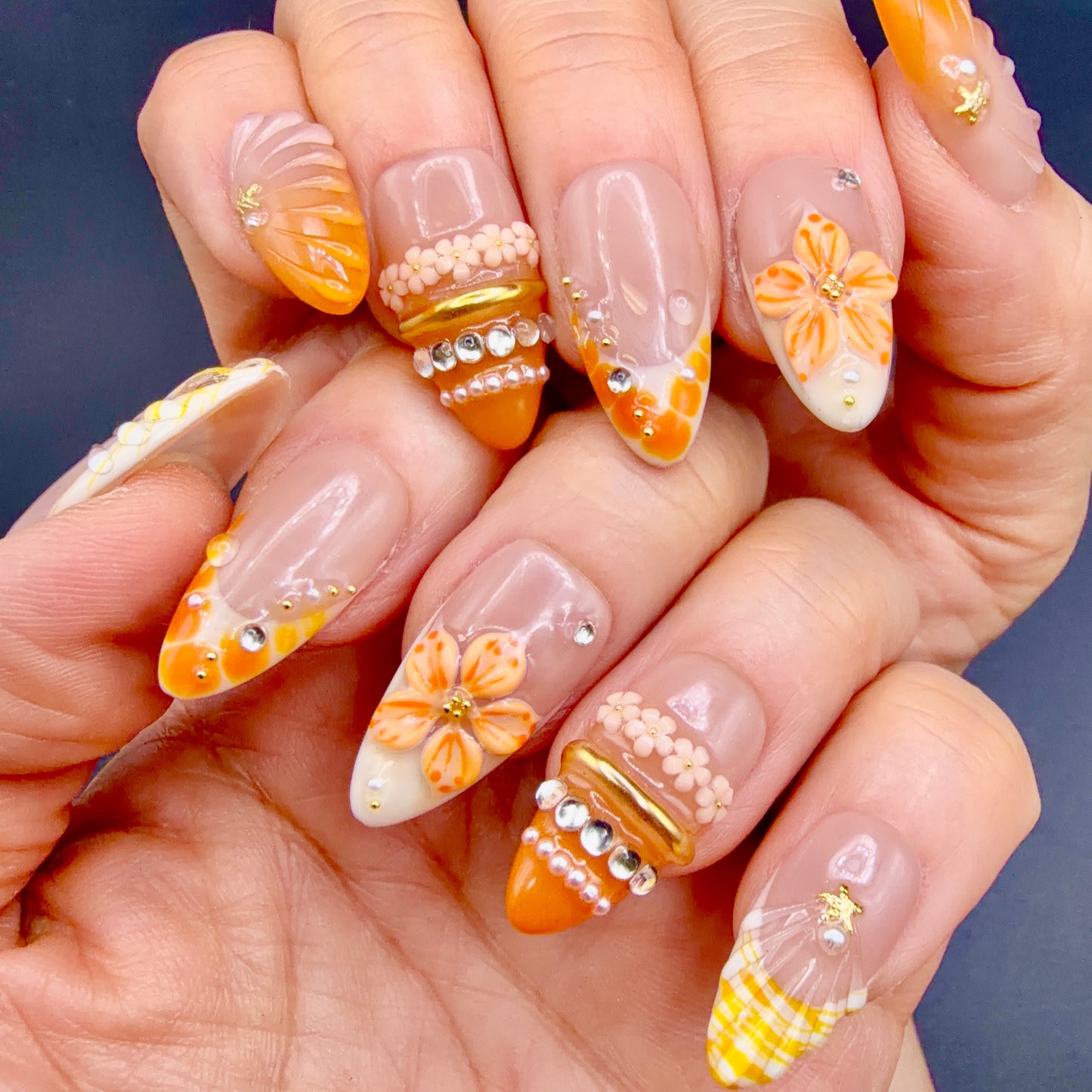 Orange Blossom 3D Floral Press-On Nails | Jeweled French Tip Nails