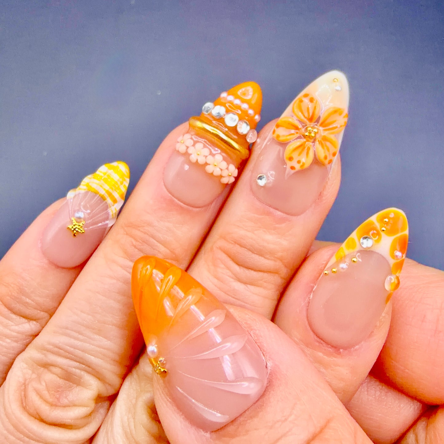 Orange Blossom 3D Floral Press-On Nails | Jeweled French Tip Nails