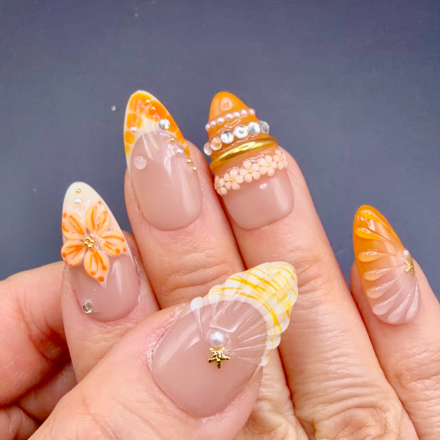 Orange Blossom 3D Floral Press-On Nails | Jeweled French Tip Nails