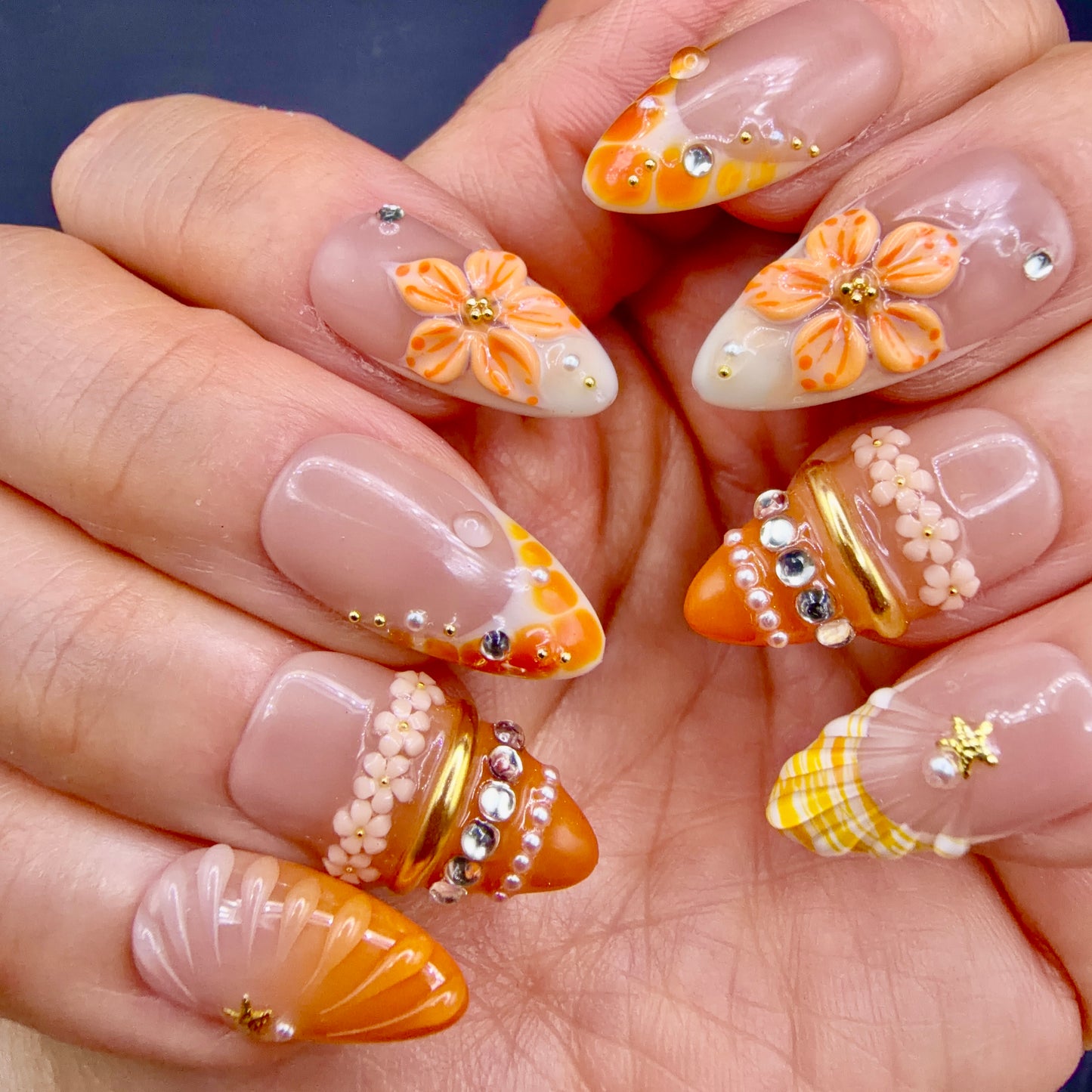 Orange Blossom 3D Floral Press-On Nails | Jeweled French Tip Nails