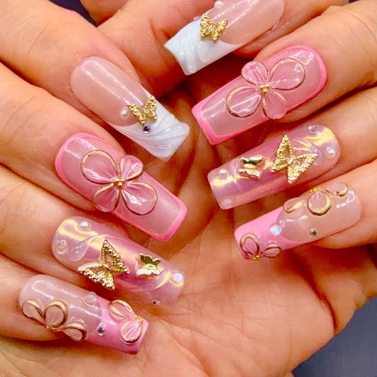 Pink Butterfly Garden 3D Floral Press-On Nails | Gold Butterfly Nails