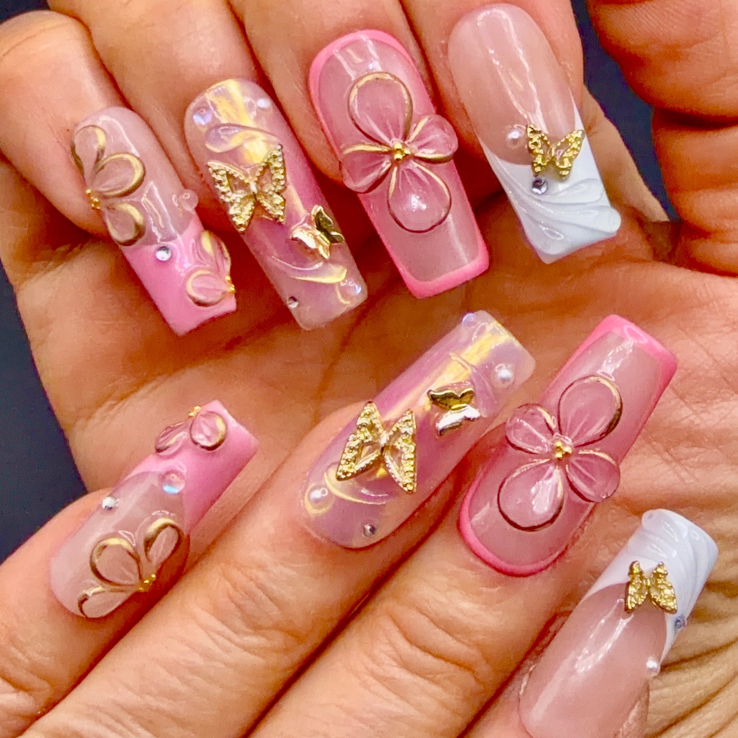Pink Butterfly Garden 3D Floral Press-On Nails | Gold Butterfly Nails