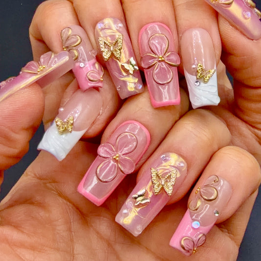 Pink Butterfly Garden 3D Floral Press-On Nails | Gold Butterfly Nails