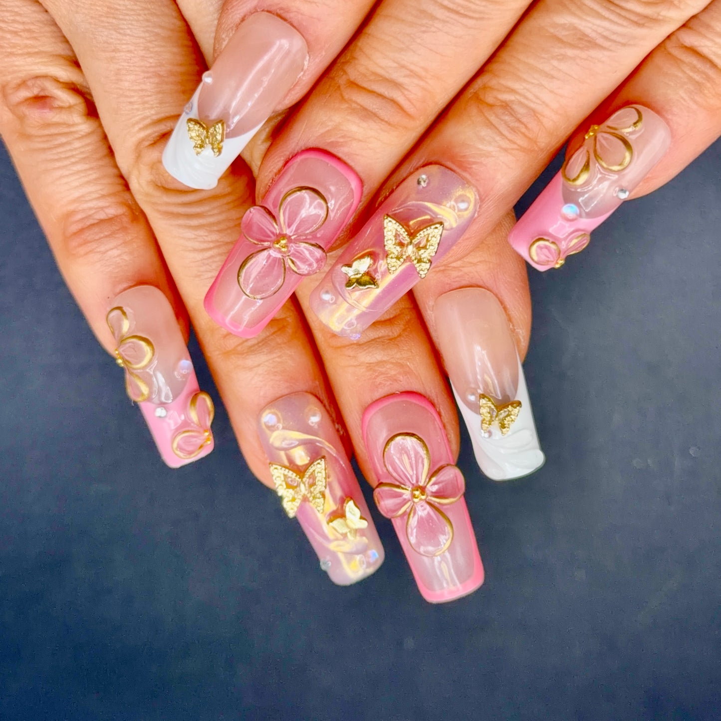 Pink Butterfly Garden 3D Floral Press-On Nails | Gold Butterfly Nails