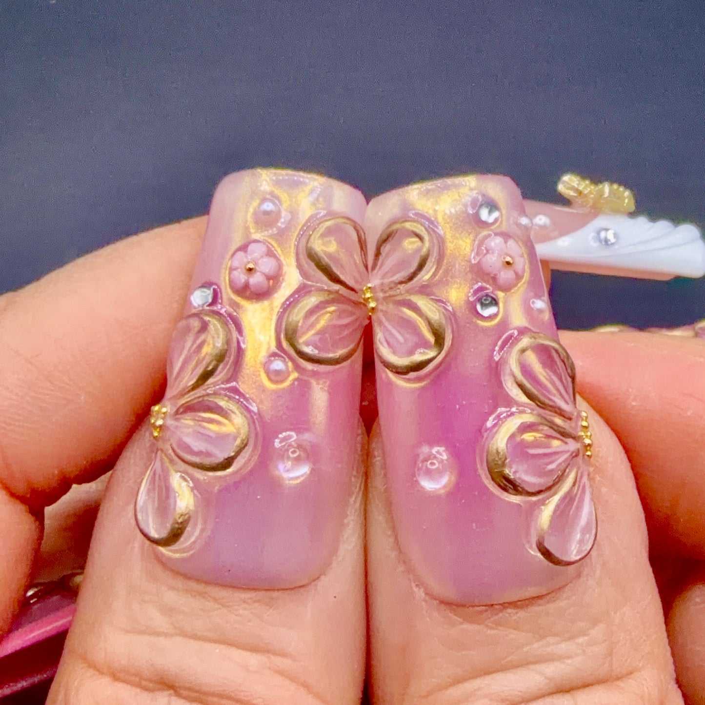 Pink Butterfly Garden 3D Floral Press-On Nails | Gold Butterfly Nails