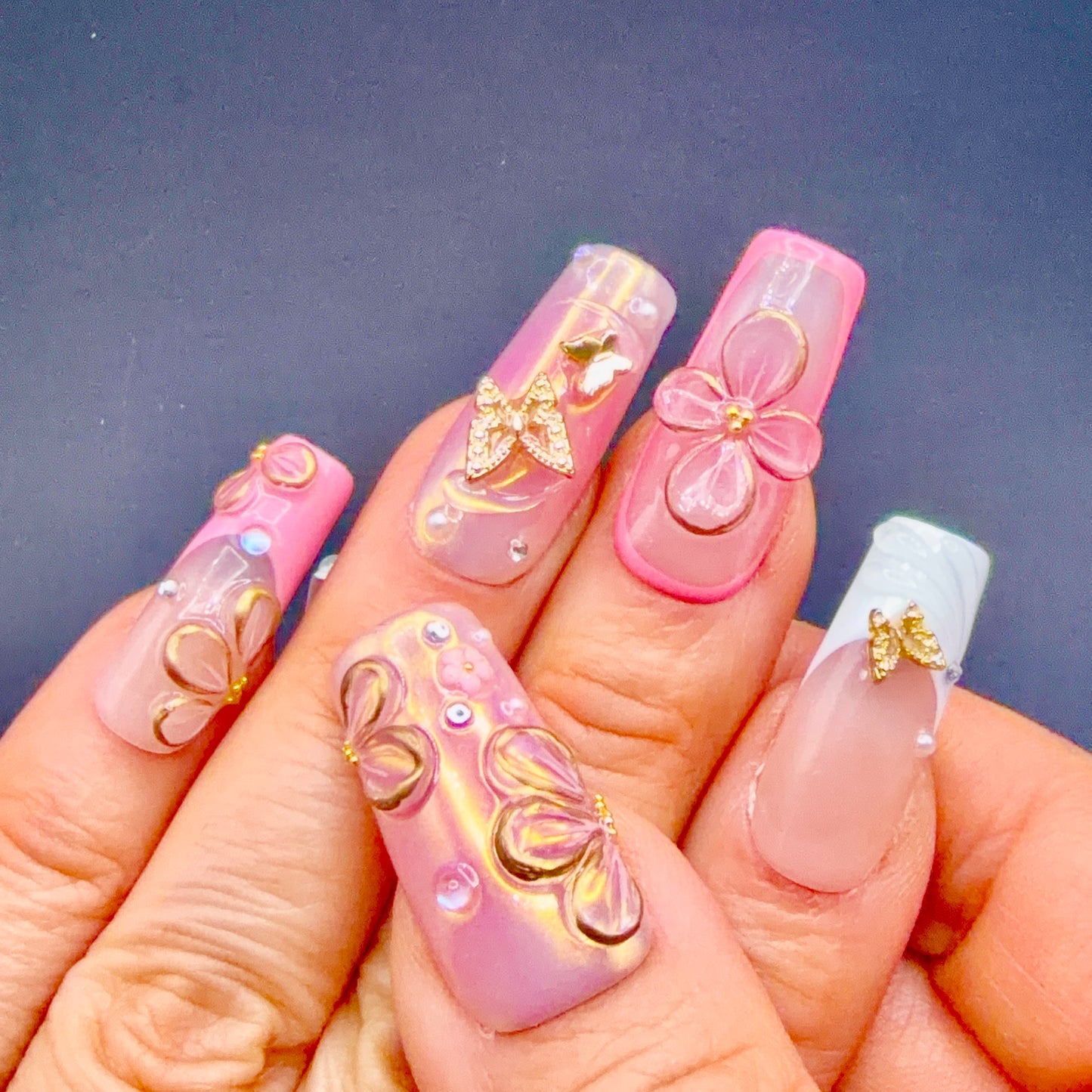 Pink Butterfly Garden 3D Floral Press-On Nails | Gold Butterfly Nails
