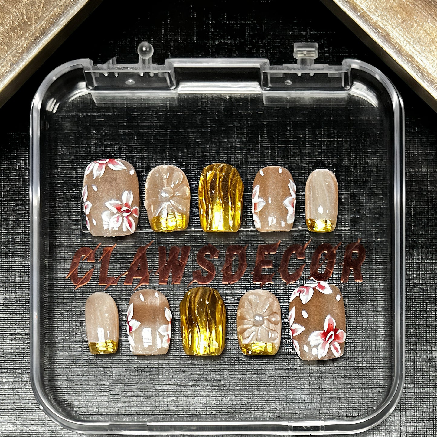 ✨ Golden Bloom Press-On Nails | Nude Floral & Gold Foil Design | Elegant Hand-Painted Nail Art by Clawsdecor