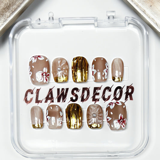✨ Golden Bloom Press-On Nails | Nude Floral & Gold Foil Design | Elegant Hand-Painted Nail Art by Clawsdecor