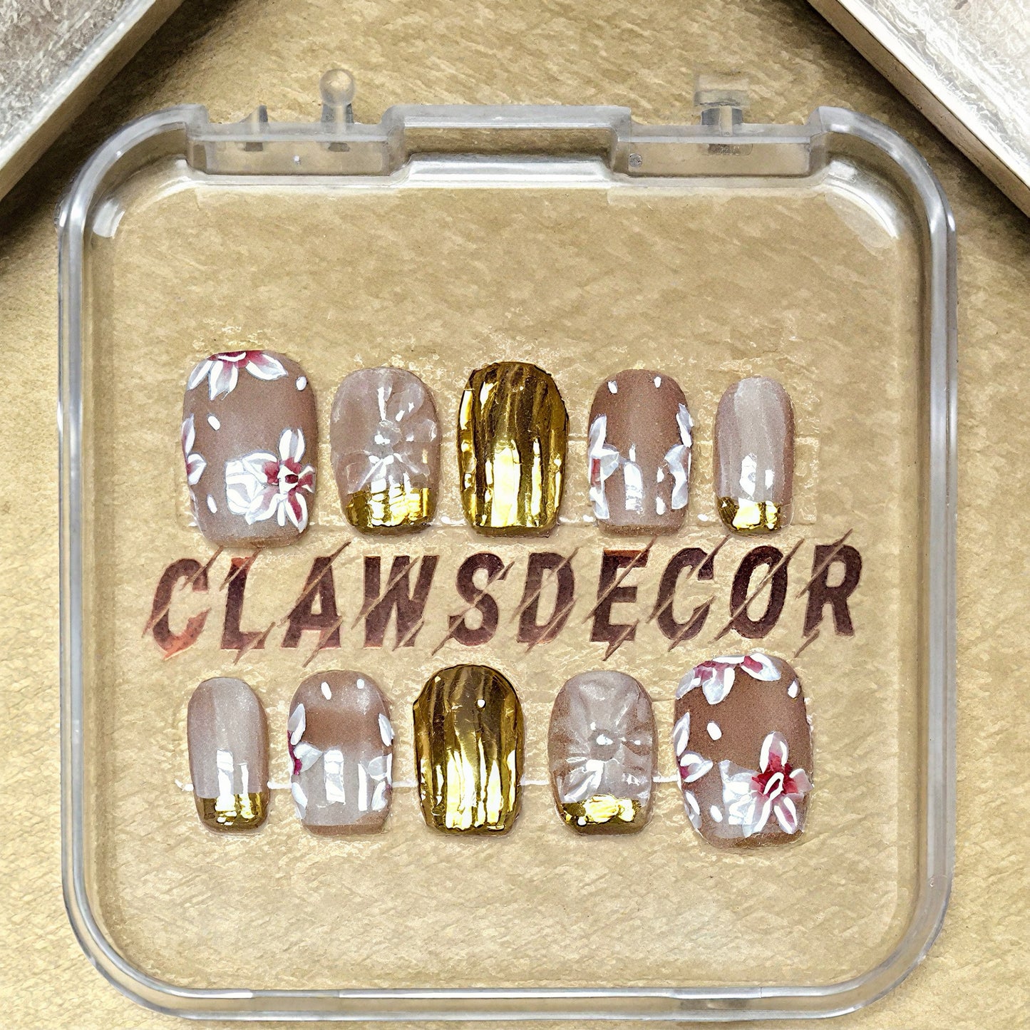 ✨ Golden Bloom Press-On Nails | Nude Floral & Gold Foil Design | Elegant Hand-Painted Nail Art by Clawsdecor