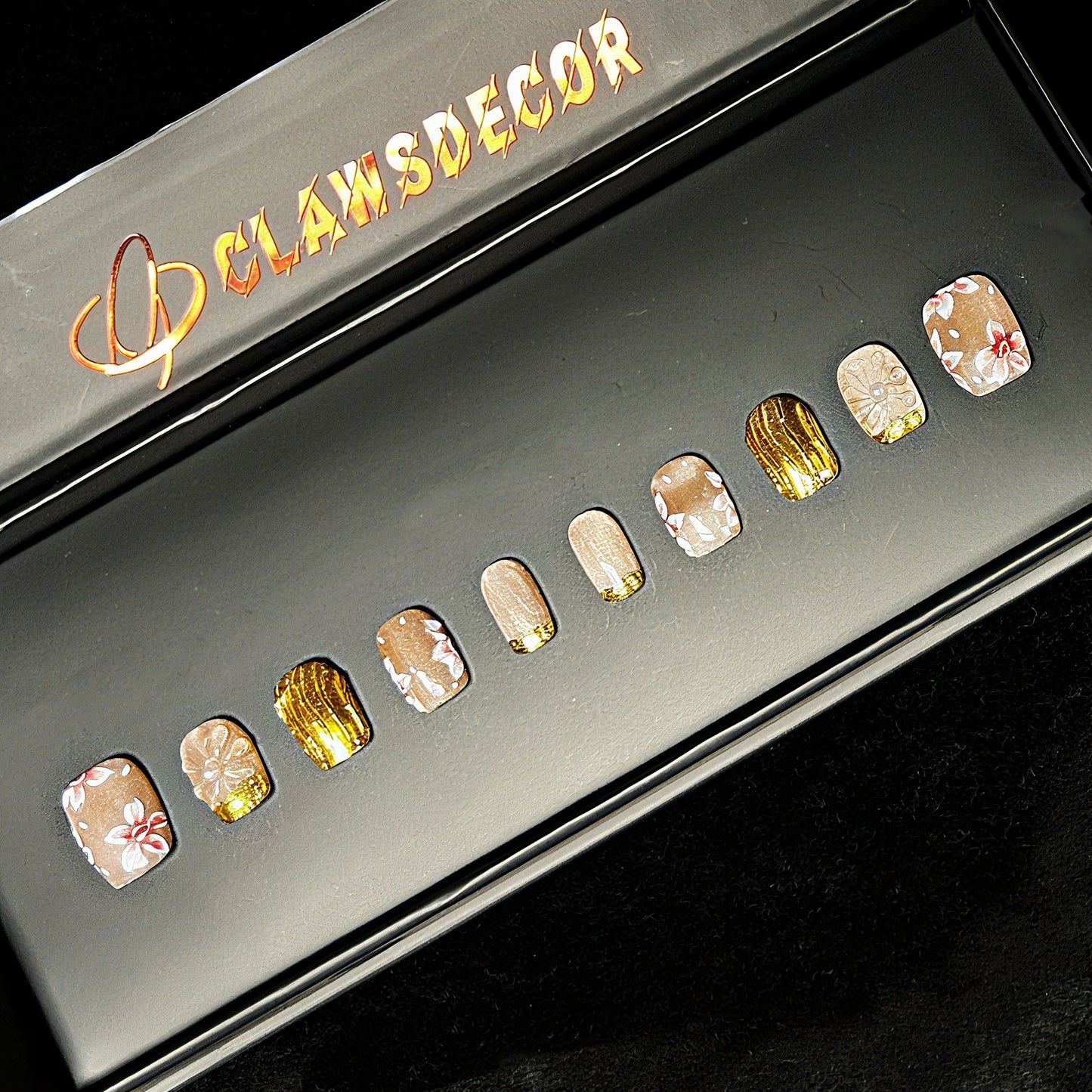 ✨ Golden Bloom Press-On Nails | Nude Floral & Gold Foil Design | Elegant Hand-Painted Nail Art by Clawsdecor