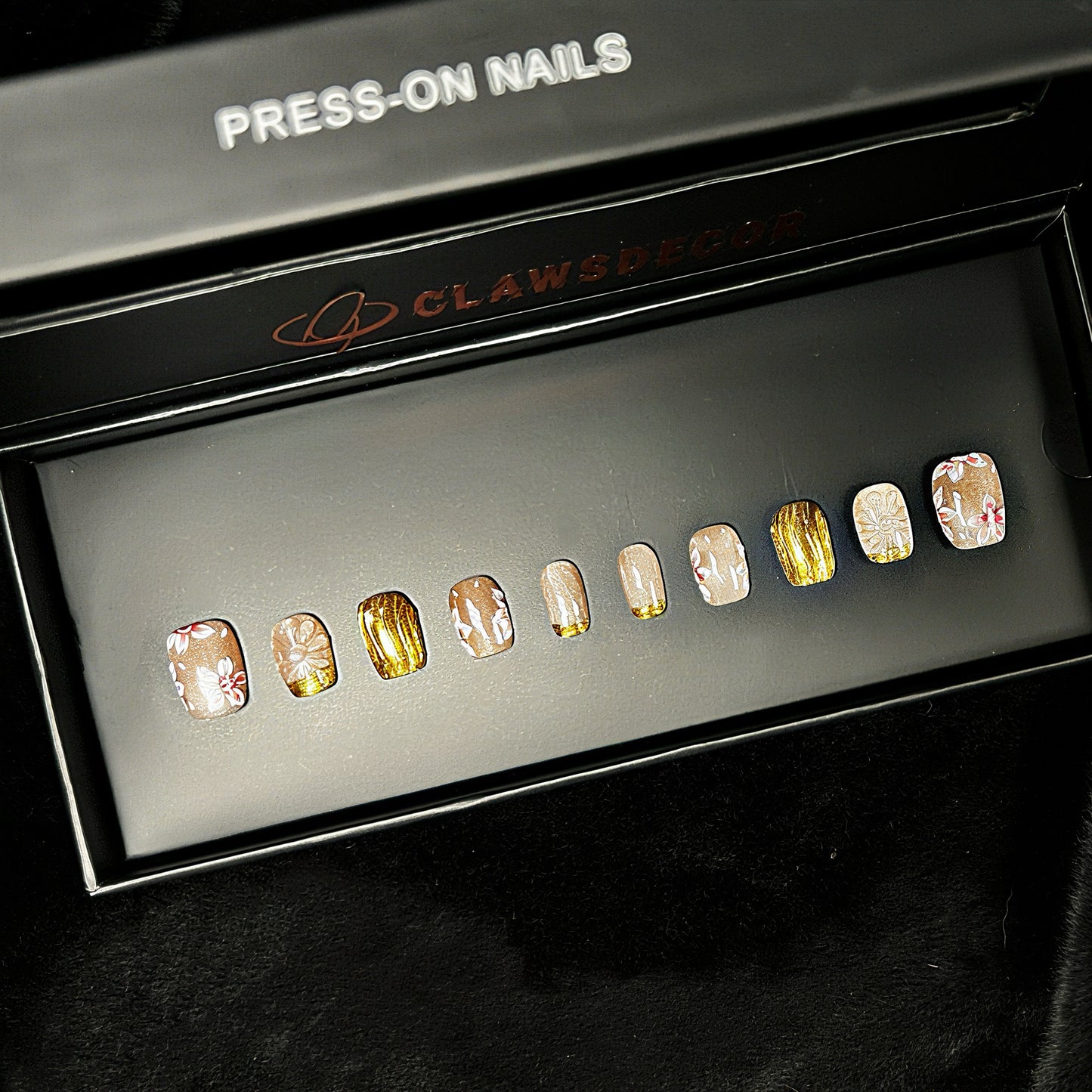 ✨ Golden Bloom Press-On Nails | Nude Floral & Gold Foil Design | Elegant Hand-Painted Nail Art by Clawsdecor