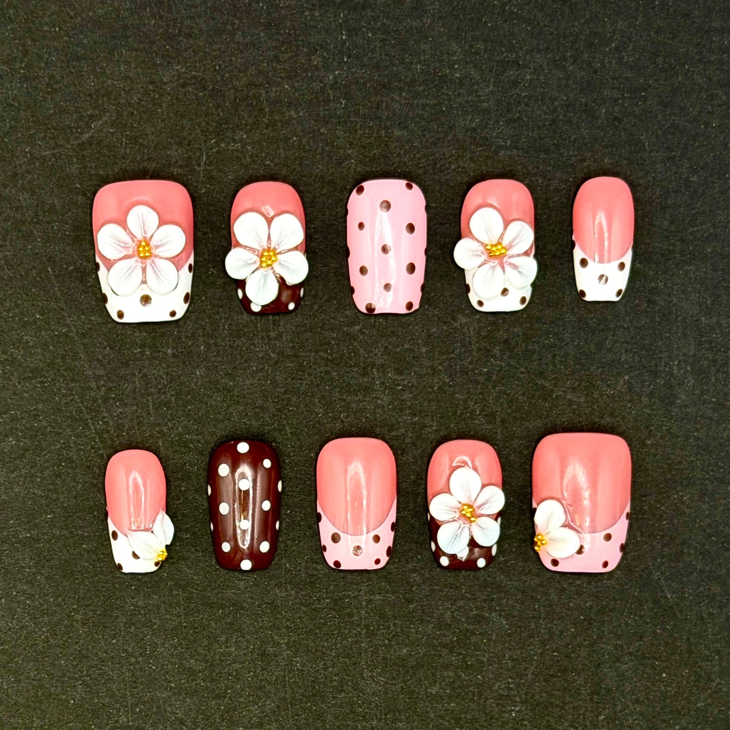 Blush Polka Dot 3D Flower Press-On Nails | Pink & Brown French Tips
