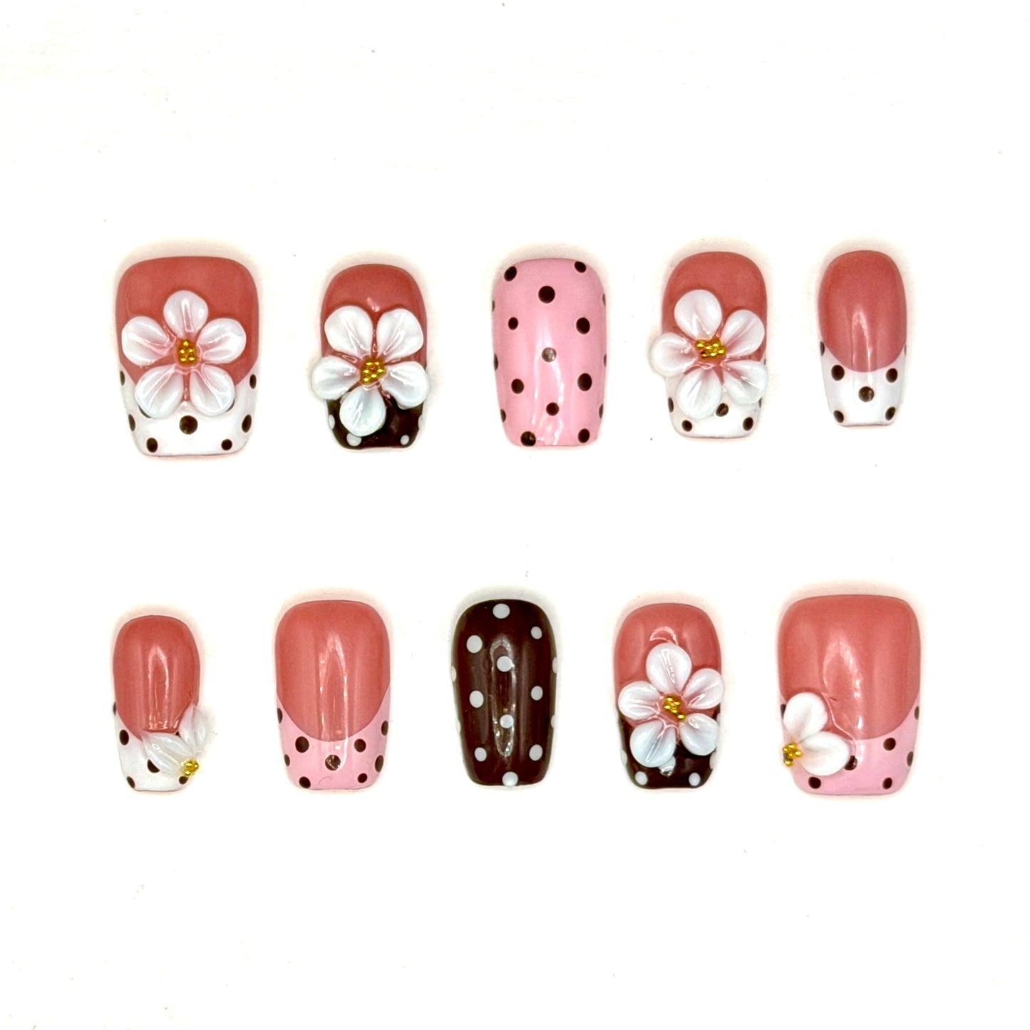Blush Polka Dot 3D Flower Press-On Nails | Pink & Brown French Tips