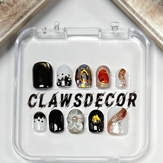 🖤 Molten Ember Press-On Nails | Black, Silver & Amber Gold Foil Set | Modern Abstract Nail Art by Clawsdecor