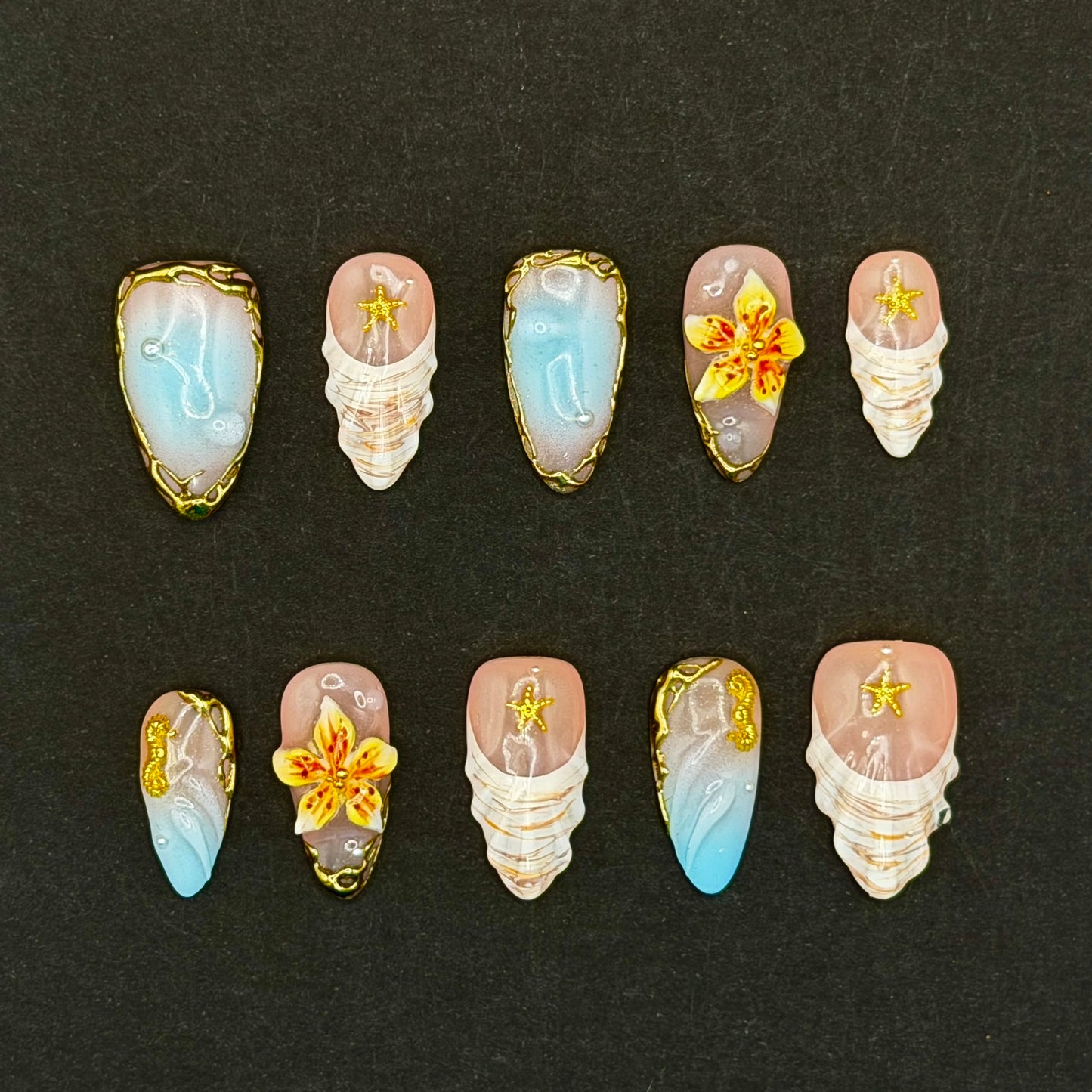 Seaside Treasure 3D Shell & Starfish Press-On Nails | Ocean Floral Nails