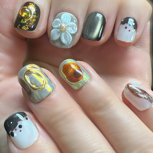 Smoky Quartz & Blue Blossom Press-On Nails