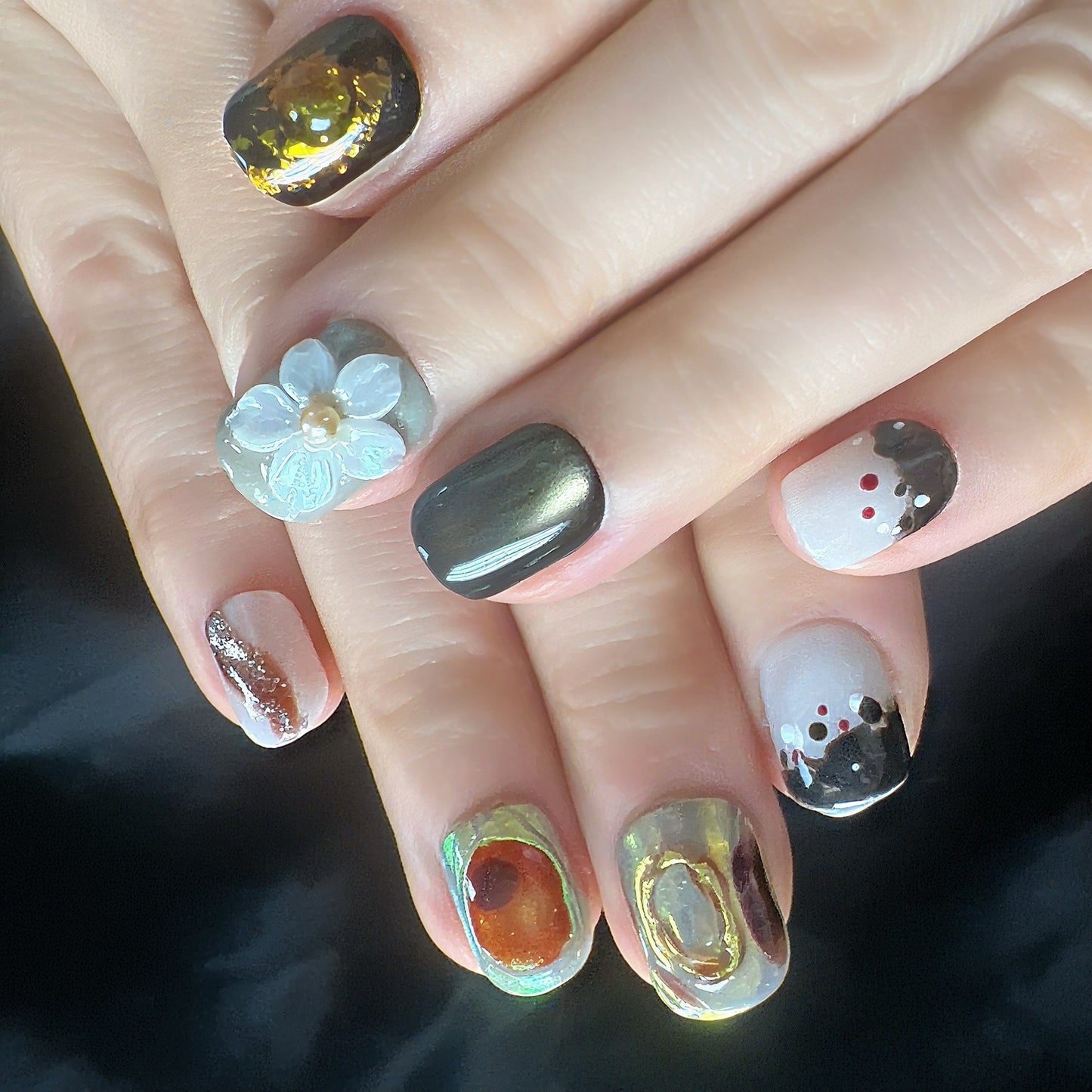 🖤 Molten Ember Press-On Nails | Black, Silver & Amber Gold Foil Set | Modern Abstract Nail Art by Clawsdecor