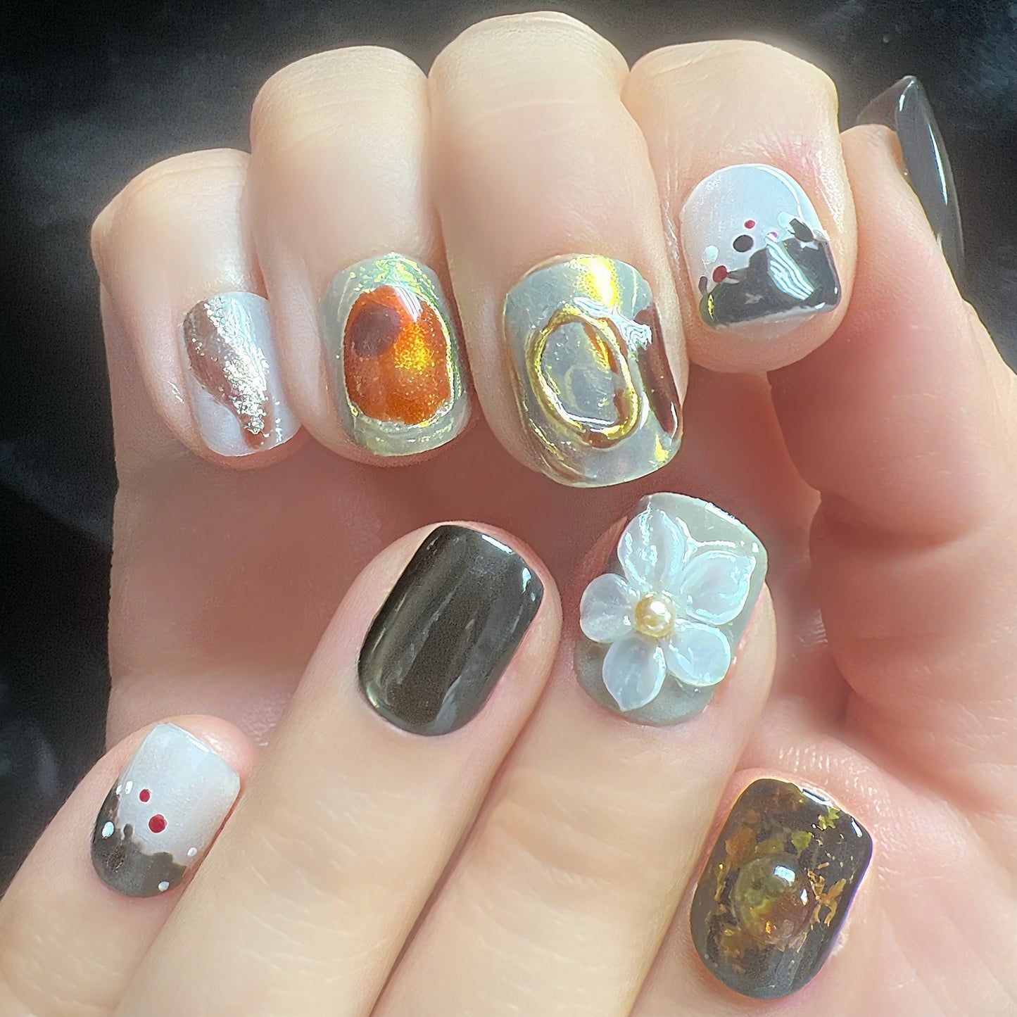 🖤 Molten Ember Press-On Nails | Black, Silver & Amber Gold Foil Set | Modern Abstract Nail Art by Clawsdecor