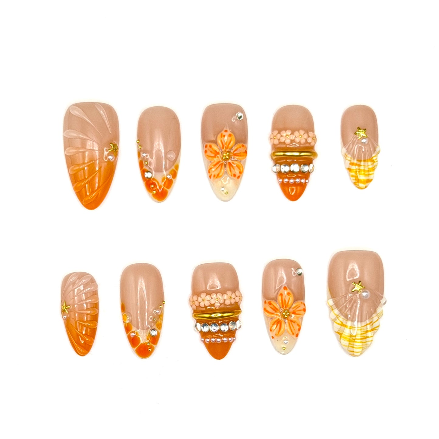 Orange Blossom 3D Floral Press-On Nails | Jeweled French Tip Nails