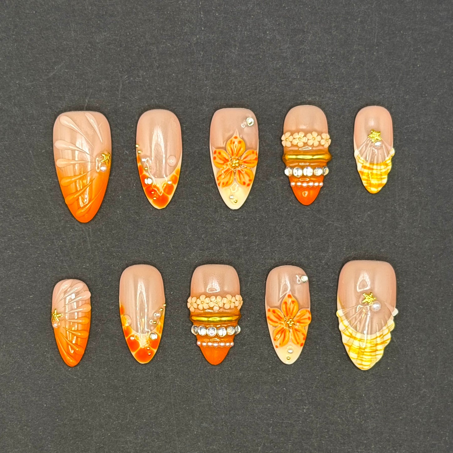 Orange Blossom 3D Floral Press-On Nails | Jeweled French Tip Nails