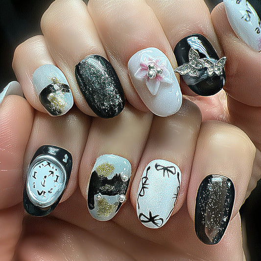 Midnight Butterfly & Clock Press-On Nails | Gothic Fairycore Luxury Nails