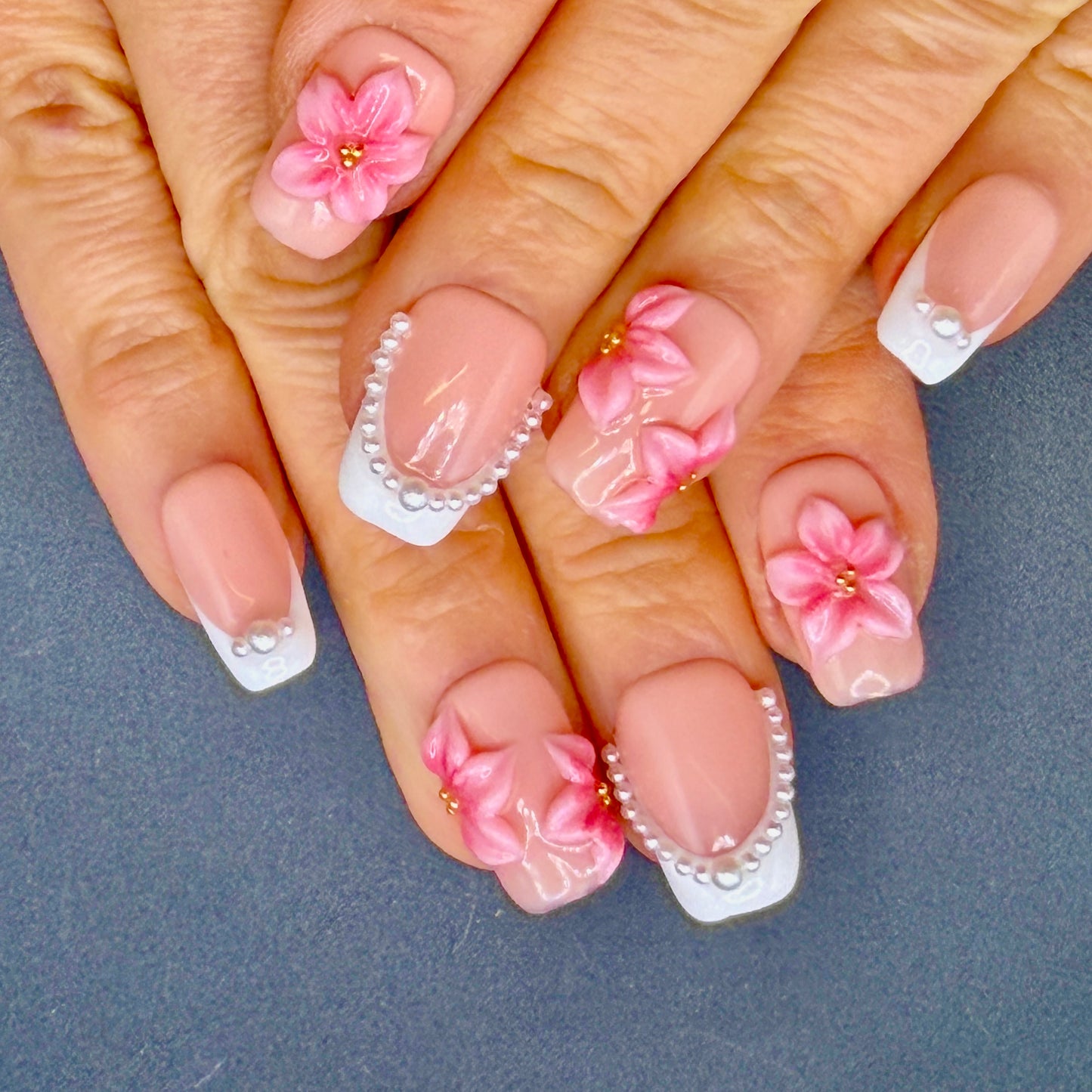 Pink Blossom Pearl French Tip Press-On Nails | 3D Floral Nails