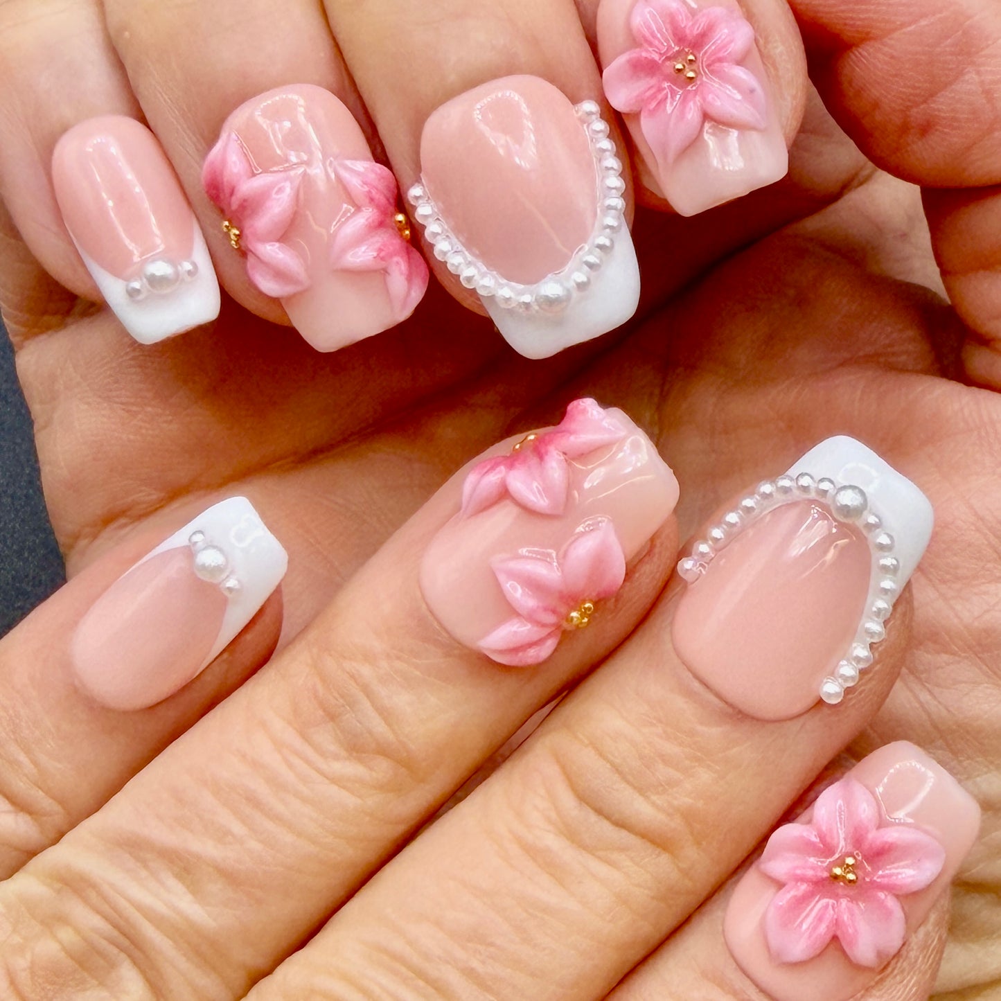 Pink Blossom Pearl French Tip Press-On Nails | 3D Floral Nails
