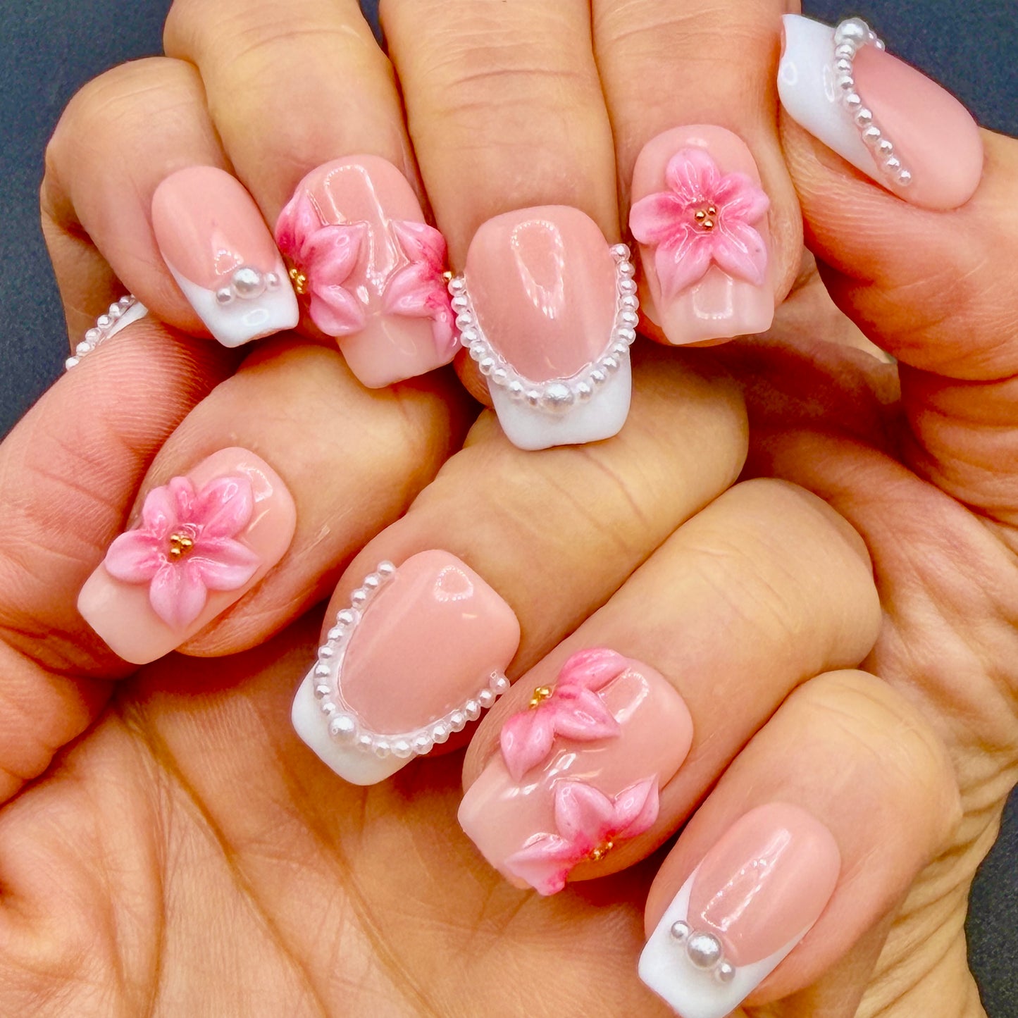 Pink Blossom Pearl French Tip Press-On Nails | 3D Floral Nails