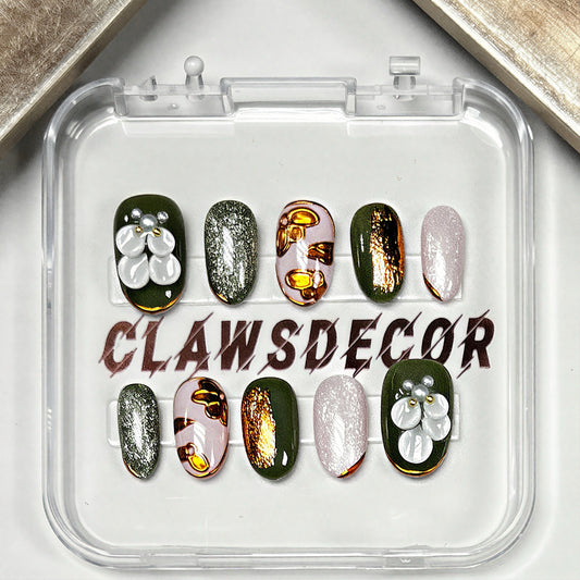 ✨ Olive Gold Luxe Press-On Nails | Pearl 3D Floral & Metallic Accent Handmade Set | Clawsdecor Elegant Winter Nails