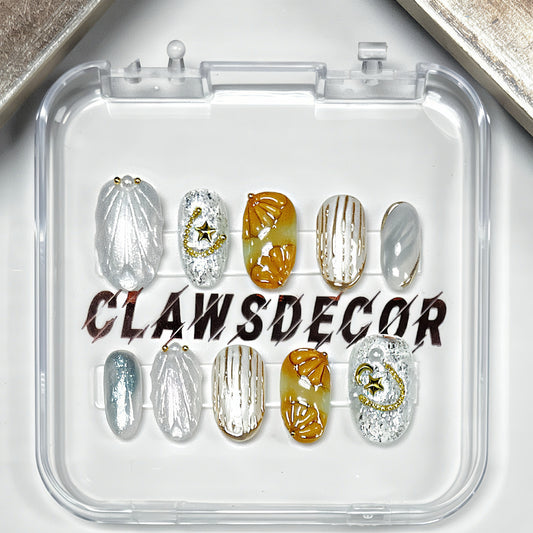 ✨ Silver & Gold Marble Luxe Press-On Nails | Star Accent Metallic Design | Clawsdecor Handmade Elegant Nail Set