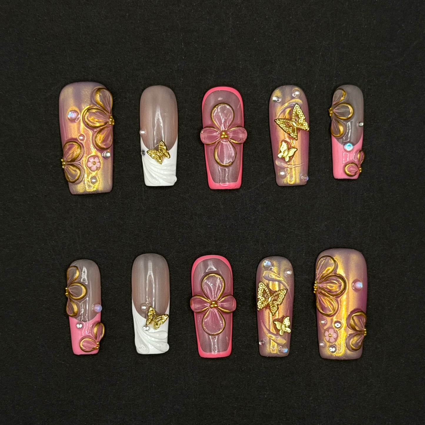 Pink Butterfly Garden 3D Floral Press-On Nails | Gold Butterfly Nails