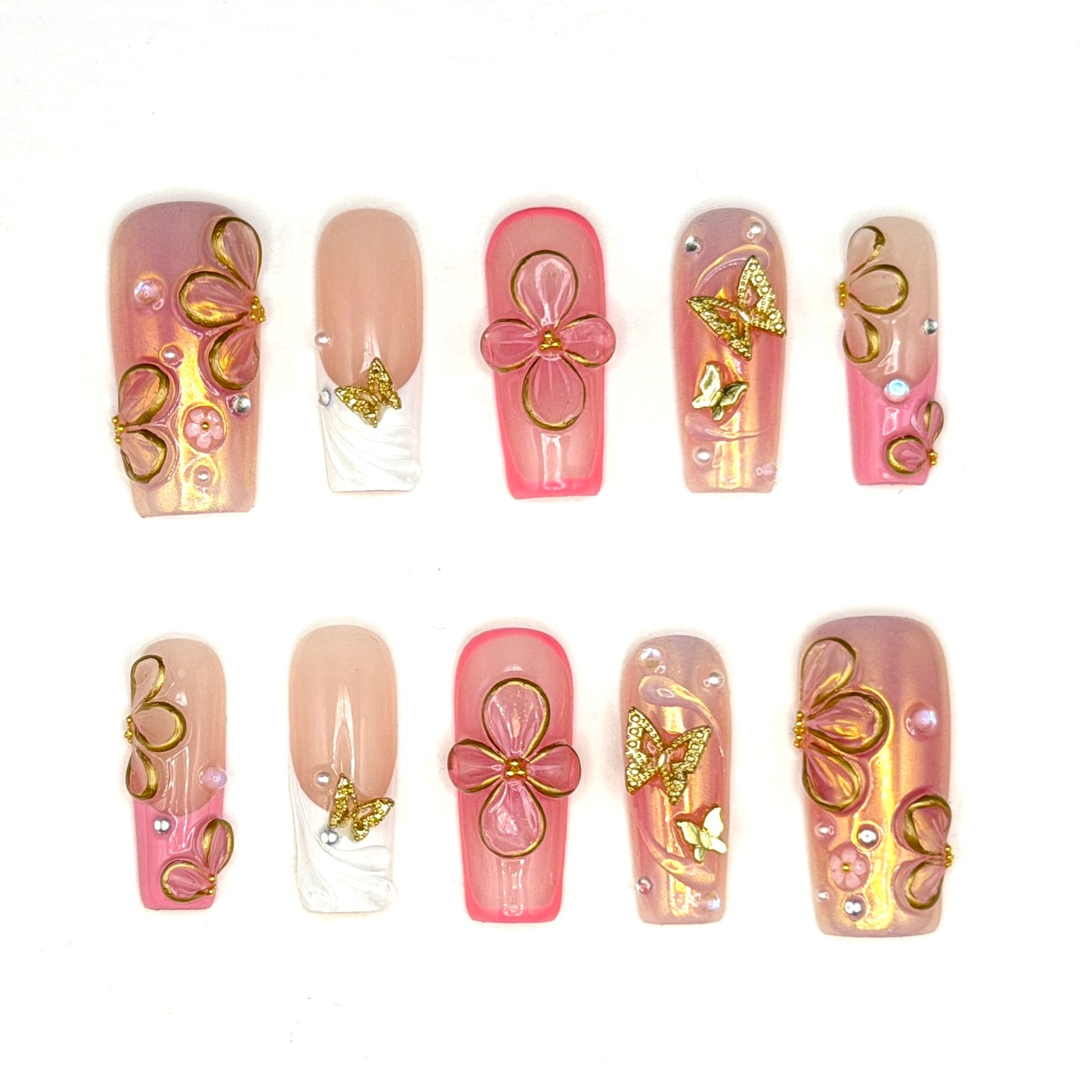 Pink Butterfly Garden 3D Floral Press-On Nails | Gold Butterfly Nails