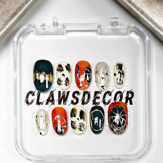 🧡 Autumn Luxe Abstract Press-On Nails | Deep Green, Burnt Orange & Gold Foil Design | Handmade Clawsdecor Nail Art Set