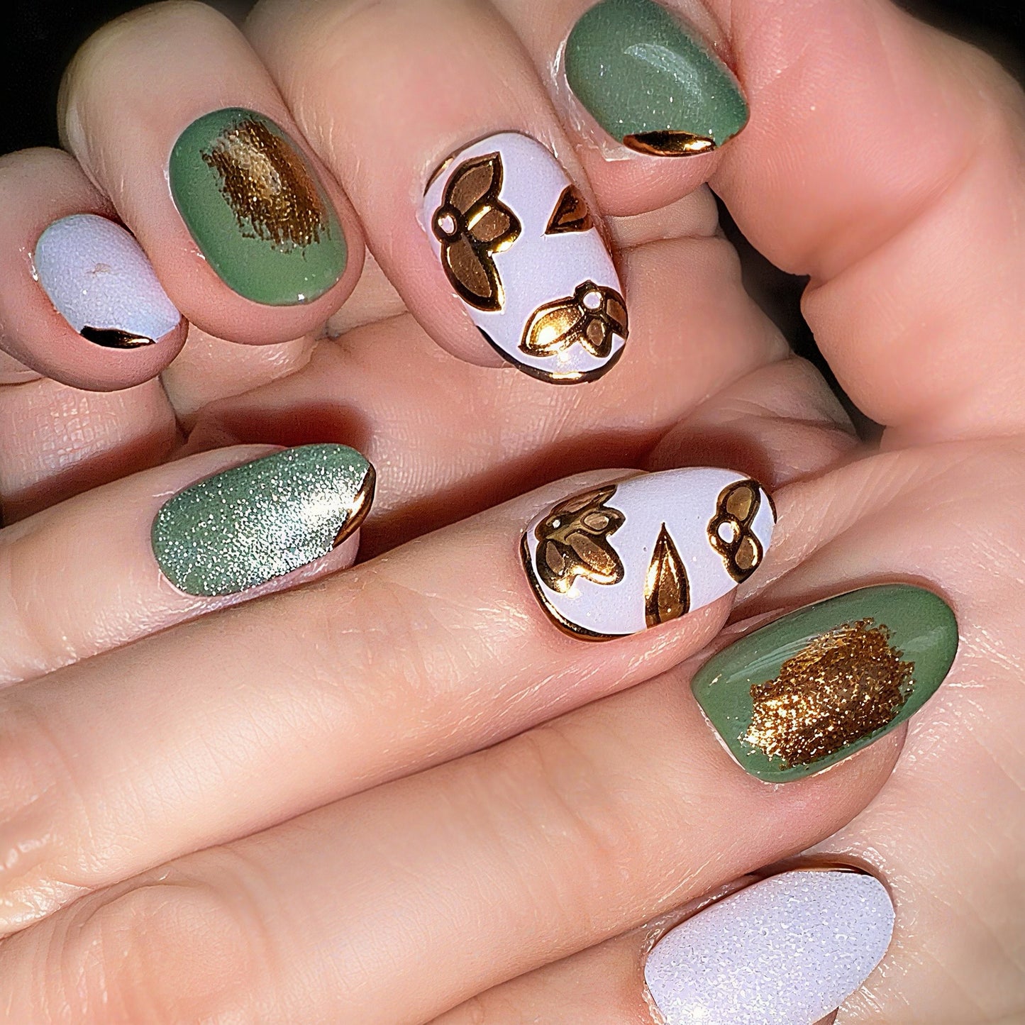 Sage Green Butterfly Press-On Nails – Oval Reusable Nails