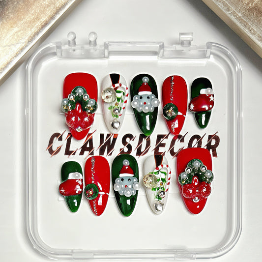 🎅 Candy Cane & Santa 3D Christmas Press-On Nails | Festive Red Green Holiday Nail Art | Clawsdecor Handmade Collection