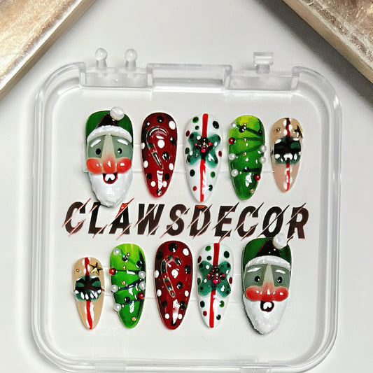 🎅 Festive Santa & Christmas Tree Press-On Nails | Green & Red Holiday 3D Nail Art | Clawsdecor Christmas Collection