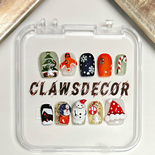 🎄 Christmas Wonderland Press-On Nails | Snowman, Tree & Gingerbread 3D Holiday Nail Art | Clawsdecor Handmade Festive Set